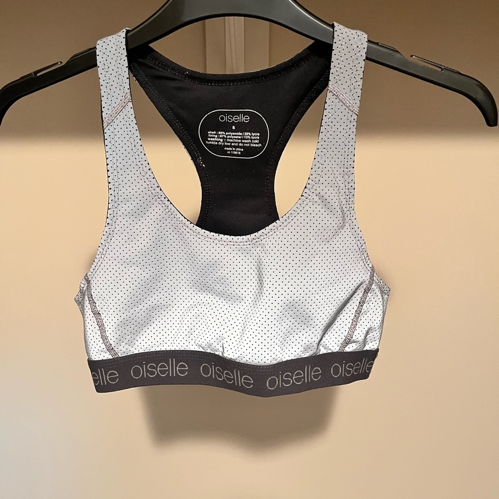 Oiselle Reflective Gray and Black Sports Bra